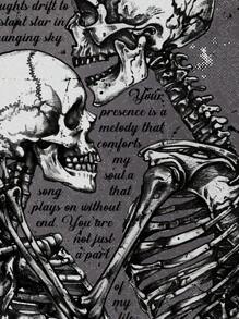 ROMWE Plus Size Women's Loose Fit Oblique Shoulder 2 In 1 Skull & Text Print Gothic Style T-Shirt - Grey - View 3