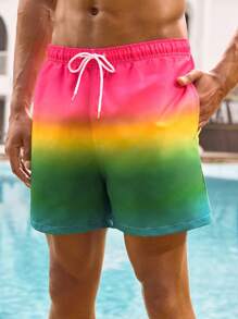 Manfinity VDAYZ Gradient Color Print Men's Drawstring Waist Beach Shorts Couple Boyfriend Men Swim Trunks - Multicolor - View 5