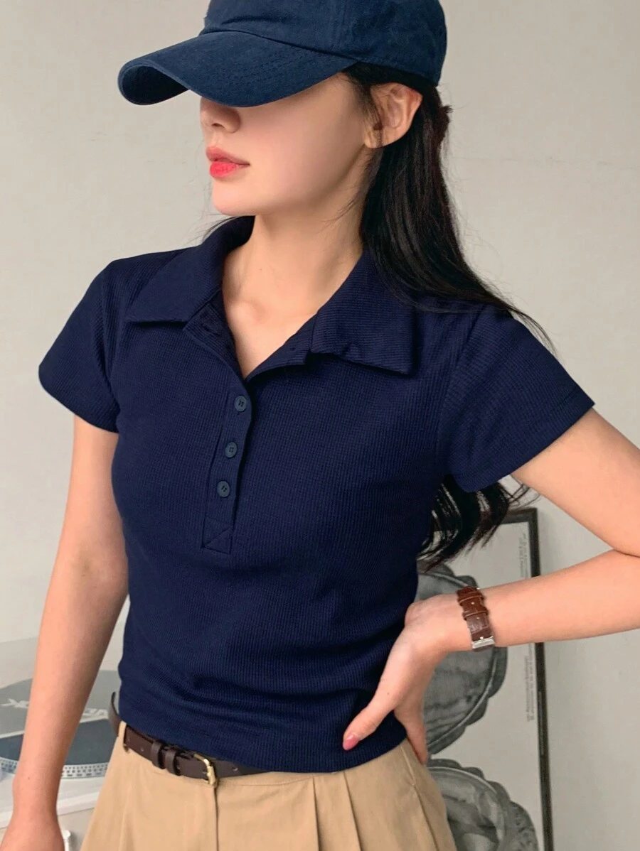 DAZY Áo thun nữ tay ngắn ôm sát có khóa kéo nửa cổ - Màu xanh hải quân - Xem 1