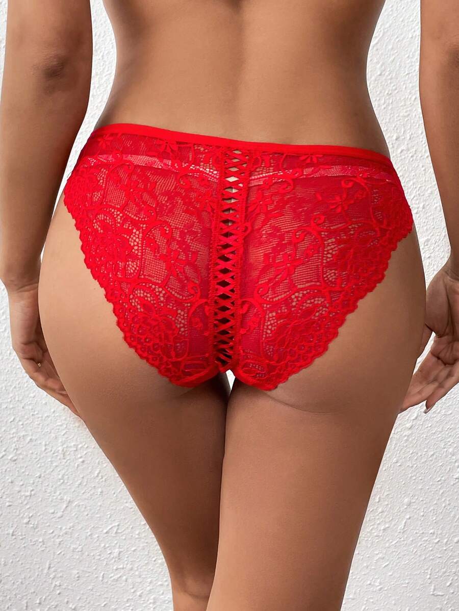 Women's Sexy Solid Color Lace See-Through Panties - Red - View 1