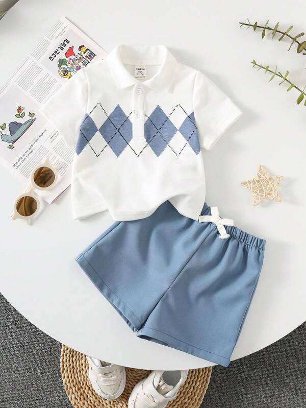 2pcs Toddler Kids Casual Diamond Pattern White Polo Shirt And Blue Shorts Set, Suitable For Spring & Summer