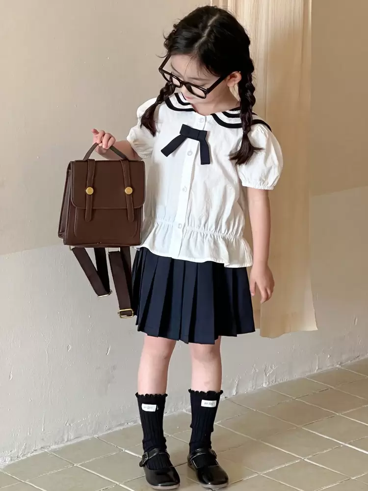 2pcs/Set Casual Young Girl Minimalist Short Sleeve Blouse And A-Line Skirt