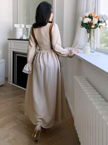 Feyla Đầm dài thanh lịch thêu hoa Jacquard cho nữ - Màu be - Xem 6