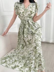 Modelyn Women's Boho Tie-Dye Maxi Dress: Green V-Neck Woven Flounce Hem Short Sleeve Wrap Dress With Ruffle Detailing, Perfect For Summer - Green - View 2