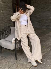 DAZY Relaxed Lapel Pocket Long Sleeve Blazer Jacket And Wide Leg Pants Spring Elegant Lady Suit Set,Fall Clothes Business Attire - Apricot - View 3