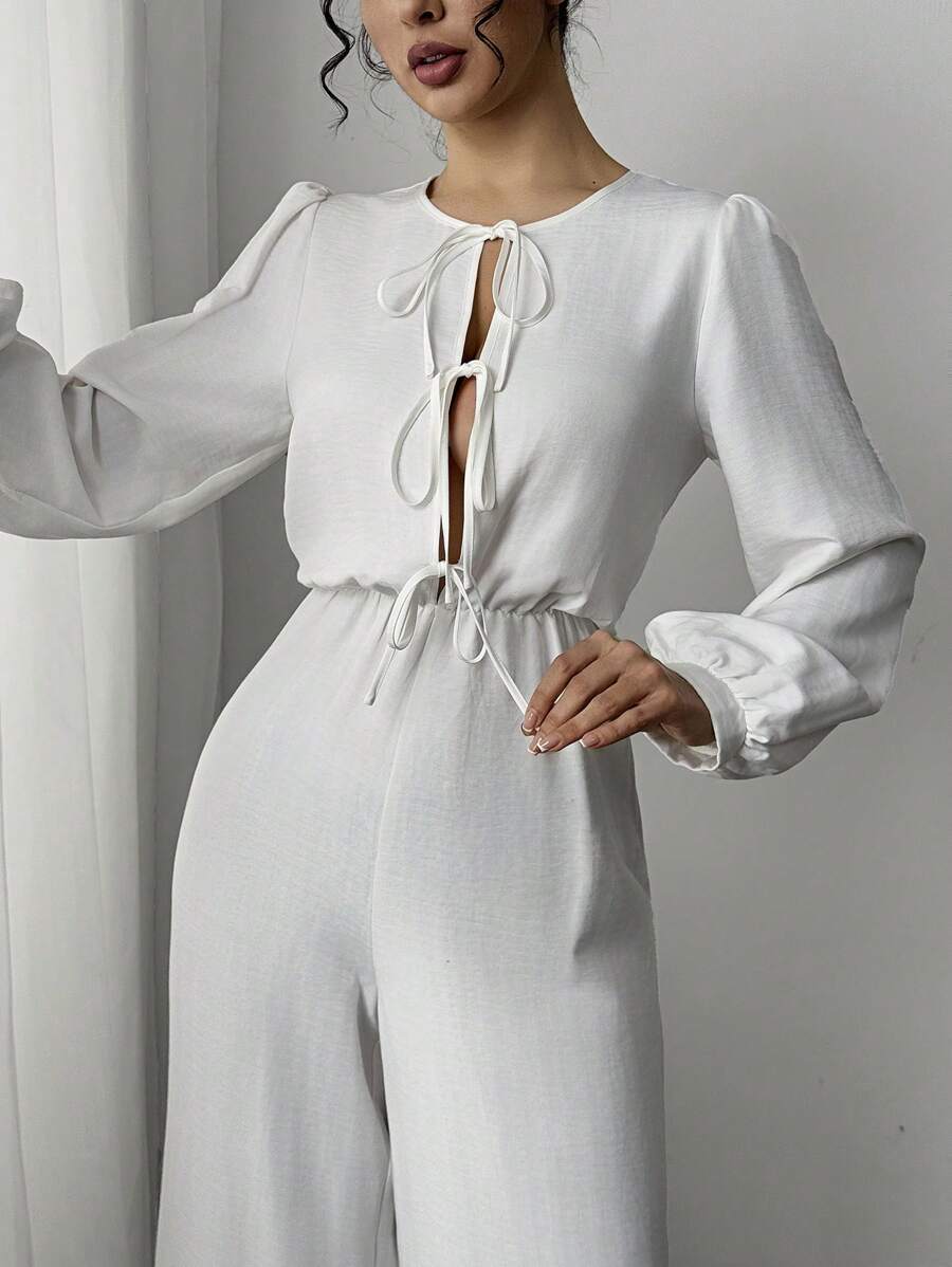 SHEIN Privé Women's Elegant Vacation Casual Fashion Front Tie High Waist Long Sleeve White Jumpsuit, Autumn