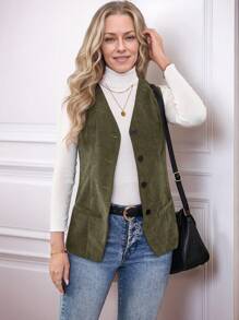SHEIN LUNE Women's Solid Color Single-Breasted Casual Vest Jacket, Autumn/Winter - Army Green - View 1