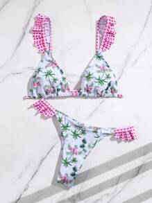 SHEIN Swim Women's Palm Tree Print Bikini Swimwear Set, Print Style Random, For Summer Beach Vacation - Multicolor - View 5