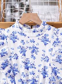 SHEIN Tween Girls' Elegant Floral Print Frill Trim Dress - Baby Blue - View 3
