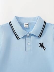 SHEIN 年轻男孩简约时尚休闲日常短袖 Polo 衫 - 淺藍色 - 查看 3