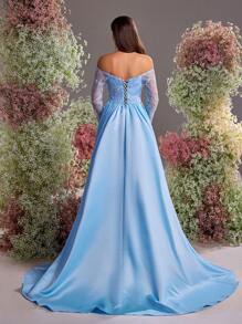 Glamrae Elegant Light Blue Luxury Sequined Embroidered Off Shoulder Sheer Long Sleeve Mermaid Gown, Wedding Guest Dress With Side High Slit & Detachable Train, For Formal Evening, Party Dress - Baby Blue - View 3