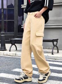 SHEIN 青少年男孩休闲时尚黑色舒适宽松简约基本款工装牛仔裤，适合夏季度假和日常穿着 - 卡其色 - 查看 4