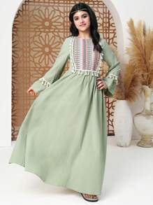 少女纯色长袖简约休闲日常连衣裙 - 綠色 - 查看 5