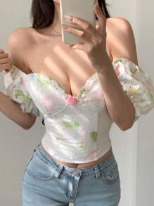 DAZY See-Through Mesh Lace Ditsy Floral Print Sexy Slim Fit Stitching Ladies Spring/Summer Top - White - View 9