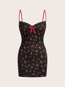 Sweetina Lace Patchwork Cherry Pattern Spaghetti Strap Cami Bodycon Mini Dress, Vacation Outfits Women - Black - View 3