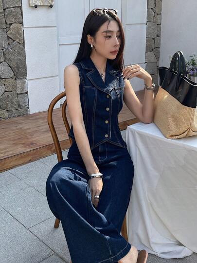 DAZY Bộ đồ denim 2 món cho nữ kèm áo ghi lê hở phía trước và quần ống rộng