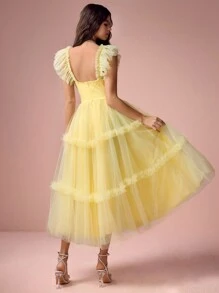 Enchnt Women's Sweetheart Neck Elegant Ruched Mesh Dress - Yellow - View 2