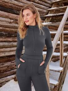 OutZeal AeroHeat Fleece Slim Zip-Up Long Sleeve Jumpsuit With Multiple Pockets Quick Dry Cozy Comfort Spring Outdoor Adventure For Hiking - Dark Grey - View 3