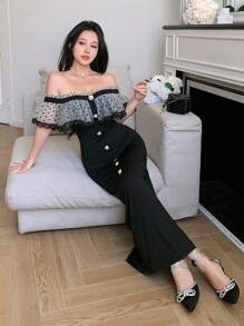 Feyla Abito donna di media lunghezza con scollo spalle scoperte, arricciatura e inserti in rete a pois