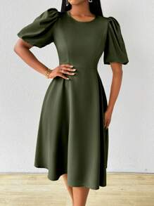 Lunelith SHEIN Lunessa 泡泡袖收腰长裙，绿色，女式，春夏长款女装 - 軍綠色 - 查看 6