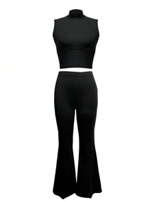 2 Stücke Damen Figurformende Engen Tank Top und Hose Set, lässige Sexy für Bars und Partys - Schwarz - Übersicht 7