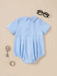 SHEIN Baby Boy Spring Summer  Simple Fashion Casual EverydayBlue Short Sleeve Small Lapel Dachshund Exquisite Embroidered Pattern Cute Baby Boy Bodysuit - Blue - View 2