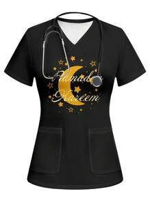 PopScrub Star & Moon Pattern Design Women's /Nurse Scrub Uniform Top - White - View 1