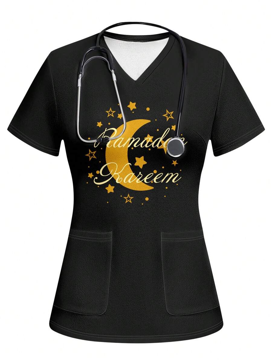 PopScrub Star & Moon Pattern Design Women's /Nurse Scrub Uniform Top - White - View 1