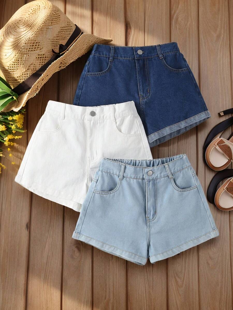 SHEIN 3 pièces Ensemble de shorts en jean ajustés et près du corps pour préadolescentes, bleu clair, bleu foncé et blanc, décontracté et polyvalent pour le printemps/automne - Multicolore - Voir 1