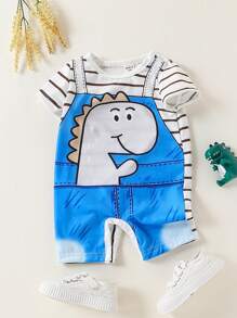 SHEIN Newborn Baby Boy Black & White Striped Fake Suspender Decor Cute Dinosaur Print Button Shoulder Short Sleeve Romper Set, Summer - Multicolor - View 1