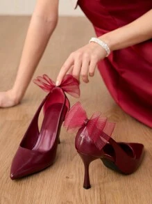 CUCCOO HITCHD 女士尖头高跟鞋时尚优雅网眼蝴蝶装饰红色婚礼派对高跟鞋，春季休闲办公穿着女士别致美学经典风格新娘鞋 - 酒紅色 - 查看 1