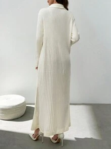 EURMUSE Casual Polo Neck Metallic Button Down Rib Knit Ruffle Hem Maxi Knitted Pure White Dress - White - View 3