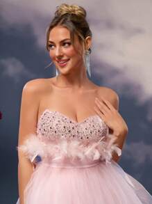 SHEIN Belle Elegant, Romantic, Dignified, Youthful Vitality, Spring And Summer, Light Pink, Mesh, Sequined Stitching Tube Dress, Fishbone Waist Graduation Dress, Concert Dress, Vacation Dress, Cute Summer, Prom Dress, Wedding Guest Dress (Feather Decoration), Party Dress,Graduation,Graduation Dresses For Women,Back To School Dress