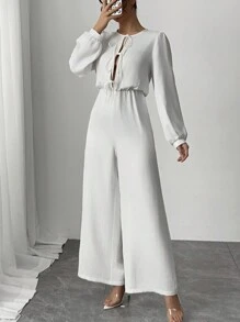 SHEIN Privé Women's Elegant Vacation Casual Fashion Front Tie High Waist Long Sleeve White Jumpsuit, Autumn