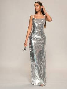 Glamine Vestido largo de tirantes finos con decoración de lentejuelas para mujer, corte slim - Plateado - Ver 3