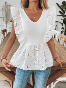 SHEIN LUNE Women's V-Neck Embroidered Cap Sleeve Casual Tank Top - White - View 5