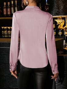 SHEIN Clasi 女士优雅假日酒红色束腰蝴蝶结长袖衬衫，秋冬女士衬衫 - 粉色 - 查看 2