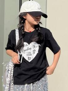 DAZY Tween Girl' Heart Printed Short Sleeve T-Shirt Summer,Back To School Clothes - Black - View 3