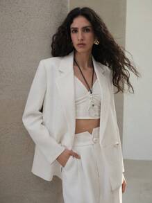 MOTF PREMIUM Áo khoác blazer kẻ caro hai hàng khuy, nút ngọc trai, áo khoác blazer cỡ lớn, công sở, xuân hè - trắng - Xem 4