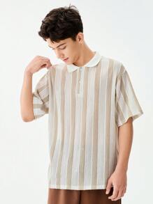 SHEIN 1pc Oversized Textured Knit Polo Shirt For Teenage Boys, American Streetwear Style, Vintage Collar T-Shirt, Suitable For School, Travel, Daily Wear, Skateboarding, Music Festivals, Clean Fit - White - View 6