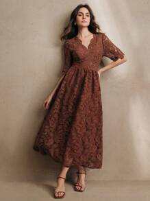 Anewsta Elegante abito lungo con scollo a V, balze, maniche a metà, stampa paisley e fiori, semi-trasparente, vita stretta, adatto per Capodanno, San Valentino, vacanze estive in spiaggia - Castano - Visualizzare 3