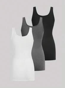 SHEIN Essnce 3pcs Women Long Knitted Camisole, White Grey Black Everyday Summer Casual - Grey - View 2