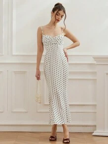 Aveloria Rosie Vestido de cola de pez con cintura fruncida, elegante y romántico estilo francés, con puntos negros y blancos para mujeres