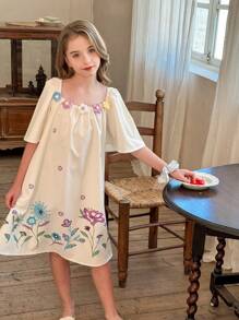 LMoss Kids LMoss Tween Girl Ditsy Floral Woven Loose Casual Sleeveless Dress,Suitable For Spring And Summer - Beige - View 5