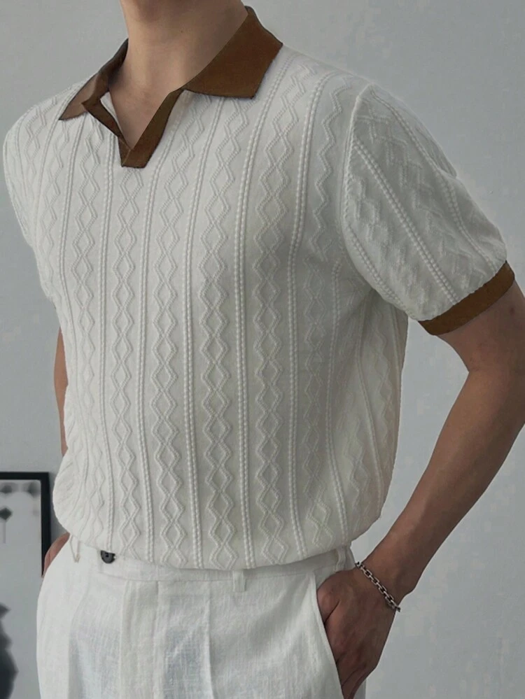 Men's Summer Casual Contrast Color Splicing Knitted Short Sleeve Top