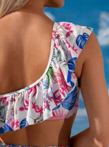 Conjunto de bikini con control de barriga y volantes asiméricos, traje de baño para vacaciones de verano en la playa