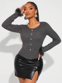 SHEIN SXY Floral Button Trimmed Solid Color Fitted Crop Cardigan With Fluffy Cuffs - Grey - View 6