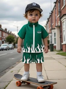 2pcs Baby Boy Summer Casual Flaming Pattern Print Short Sleeve Zip-Up Jacket & Shorts Set, Olive Green, Suitable For Everyday, Outdoor Play, School, Vacation - Elegant Style, Fits For Family Leisure, Sports And Party