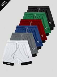 Manfinity Sport Corelite Men's Bull Head Print Drawstring Waist Double-Layer Everyday Fitness Sports Shorts Breathable Ultra Lightweight Quick Drying Pattern Design Baggy For Gym Road Running 2 In 1 Performance Shorts - White - View 1