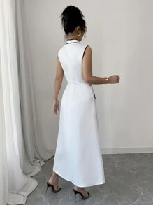 SHEIN Unity 女式优雅复古货币图案立领蝴蝶结拼布连衣裙 - 白色 - 查看 2